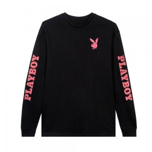 Playboy Masthead & Rabbit Head Long Sleeve T-shirt Heren Zwart | PLBY-593264