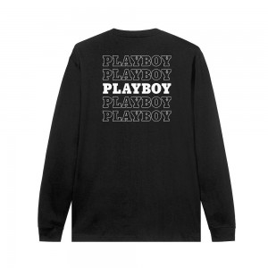 Playboy Repeating Masthead Long Sleeve T-shirt Heren Zwart | PLBY-593149