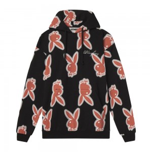 Playboy Repeating Rabbit Head Logo Hoodie Heren Zwart | PLBY-593067