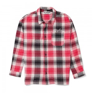 Playboy Script Flannel T-shirt Heren Rood | PLBY-593204