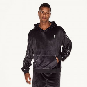 Playboy Velour Hoodie Heren Zwart | PLBY-593059