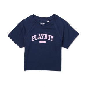 Playboy x Revolve Mini Bunny Silk T-shirt Dames Donkerblauw | PLBY-592907