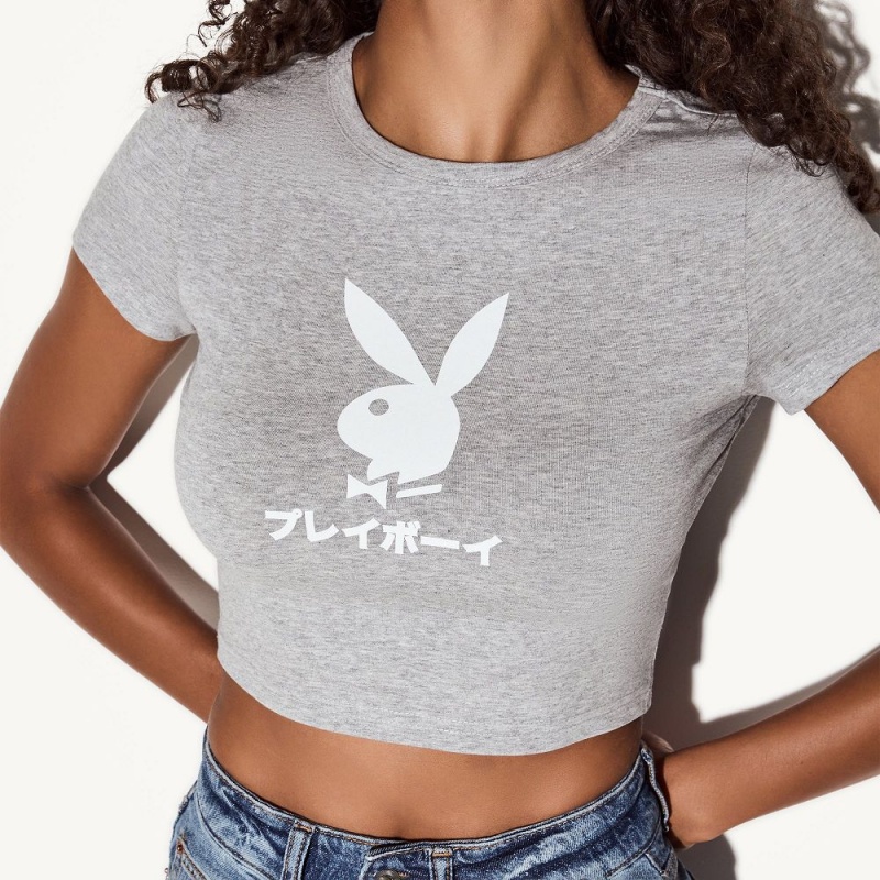 Playboy Doodle Crew Neck T-shirt Dames Grijs | PLBY-592885