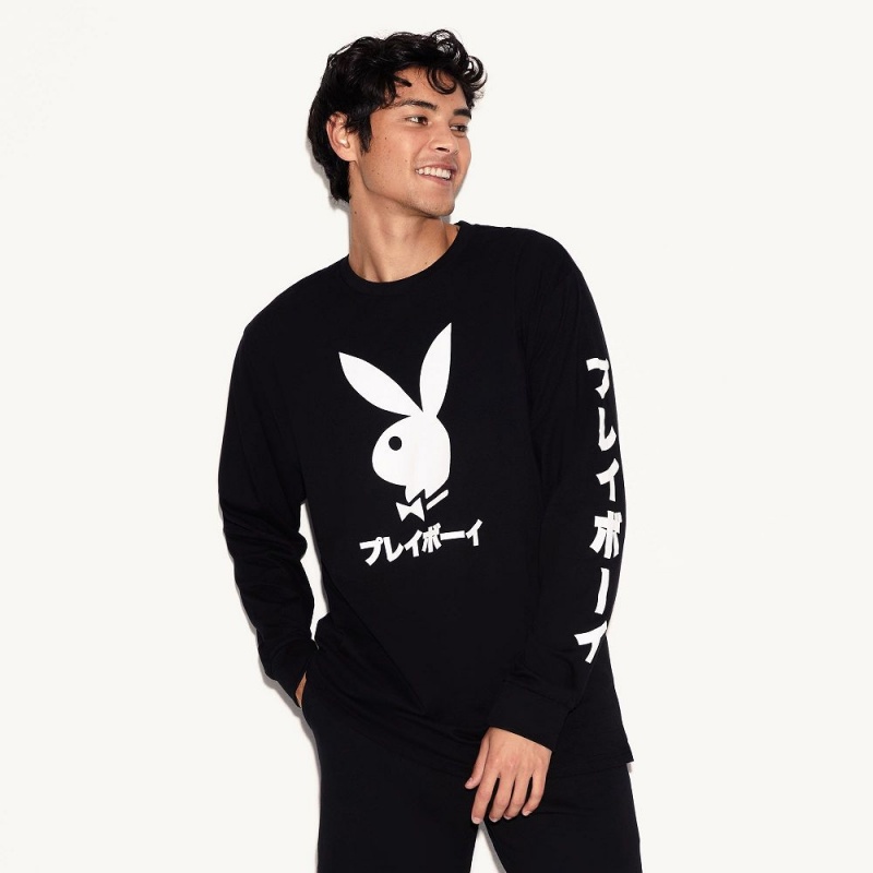 Playboy Japanese Rabbit Head Long Sleeve T-shirt Heren Zwart | PLBY-593184