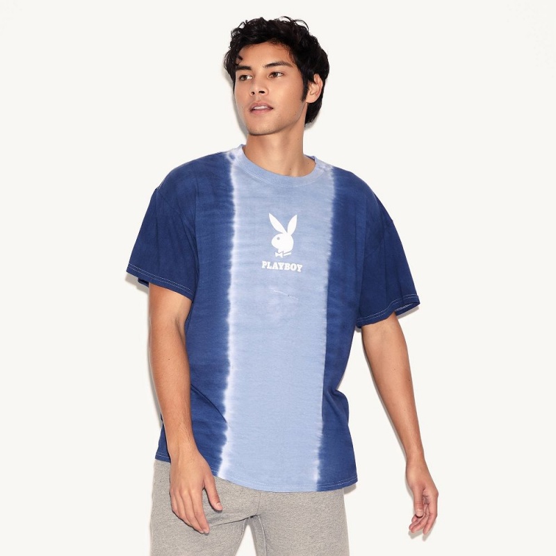 Playboy Logo Vertical Tie-Dye T-shirt Heren Blauw | PLBY-593185