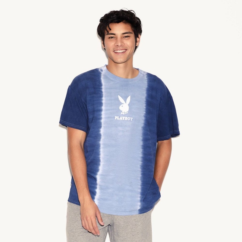 Playboy Logo Vertical Tie-Dye T-shirt Heren Blauw | PLBY-593185