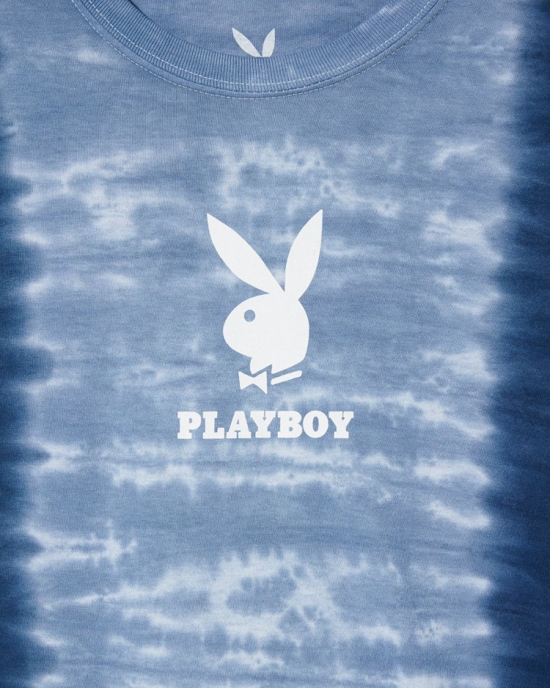 Playboy Logo Vertical Tie-Dye T-shirt Heren Blauw | PLBY-593185