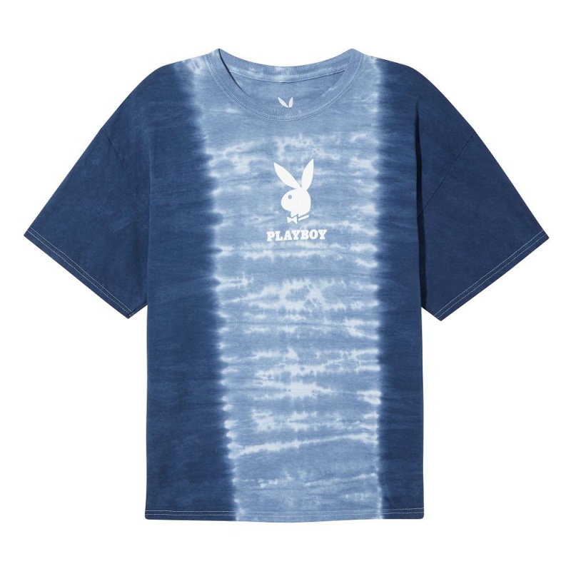 Playboy Logo Vertical Tie-Dye T-shirt Heren Blauw | PLBY-593185