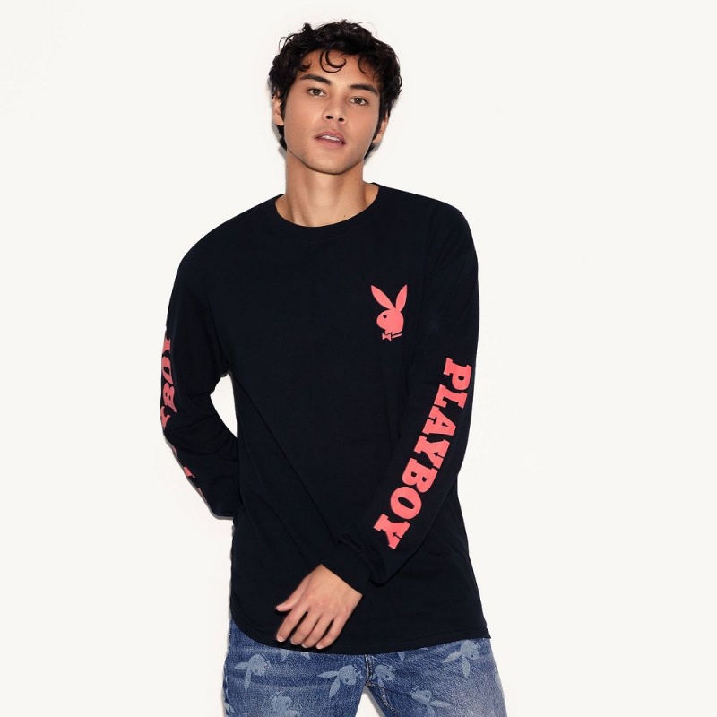 Playboy Masthead & Rabbit Head Long Sleeve T-shirt Heren Zwart | PLBY-593264