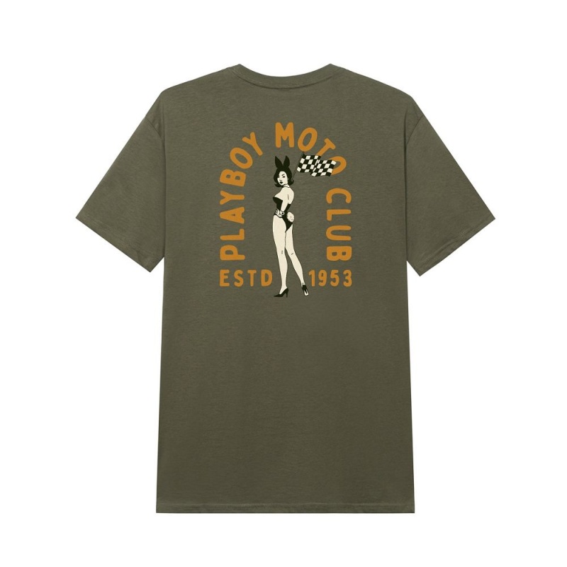 Playboy Moto Club T-shirt Heren Olijfgroen | PLBY-593247