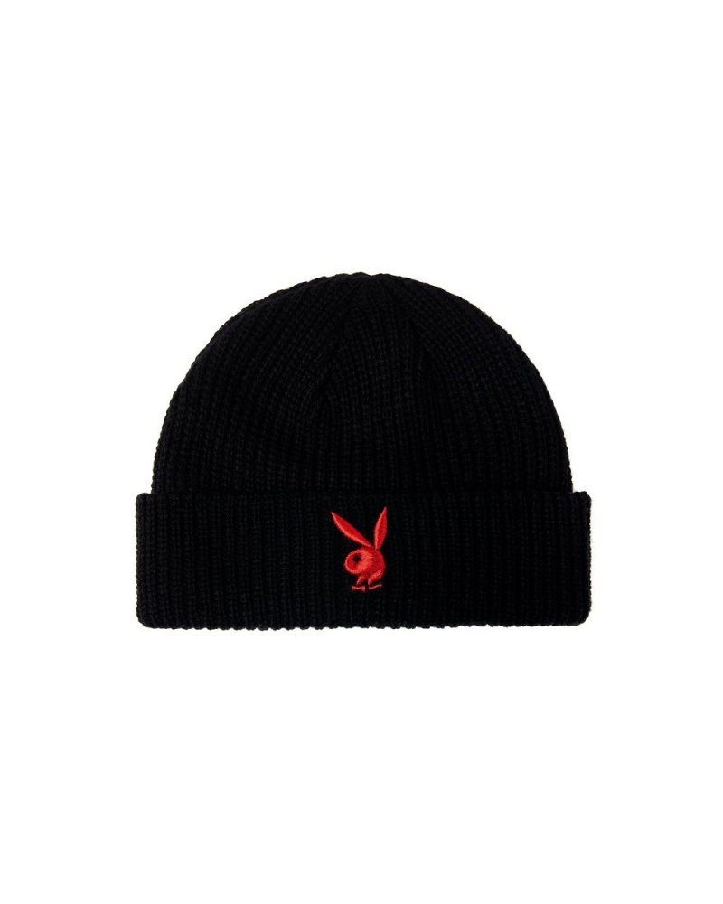 Playboy Rabbit Head Knit Beanie Black With Red Bunny Hoeden Dames Zwart Rood | PLBY-592630