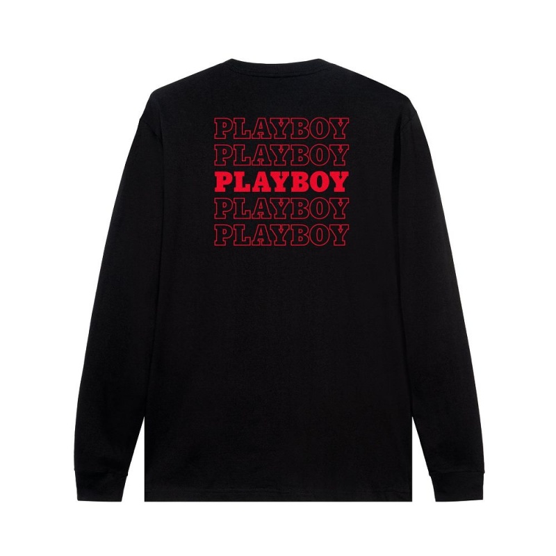 Playboy Repeating Masthead Long Sleeve T-shirt Heren Zwart | PLBY-593149