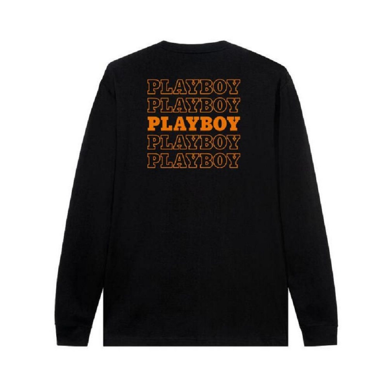 Playboy Repeating Masthead Long Sleeve T-shirt Heren Zwart | PLBY-593149