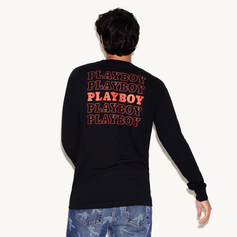 Playboy Repeating Masthead Long Sleeve T-shirt Heren Zwart | PLBY-593149