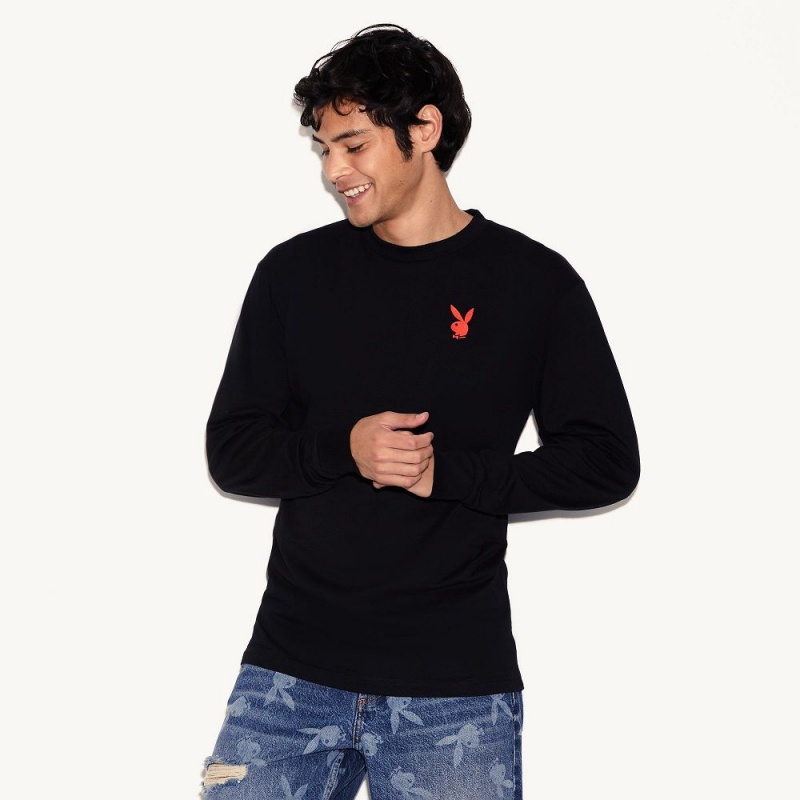 Playboy Repeating Masthead Long Sleeve T-shirt Heren Zwart | PLBY-593149