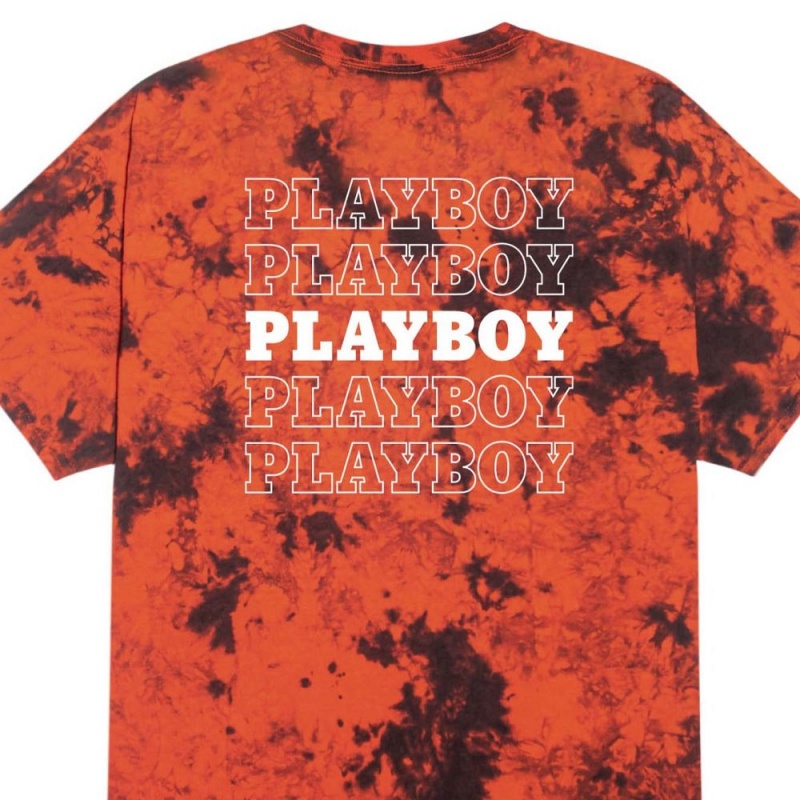 Playboy Repeating Masthead Tie Dye Orange T-shirt Heren Oranje Zwart | PLBY-593237