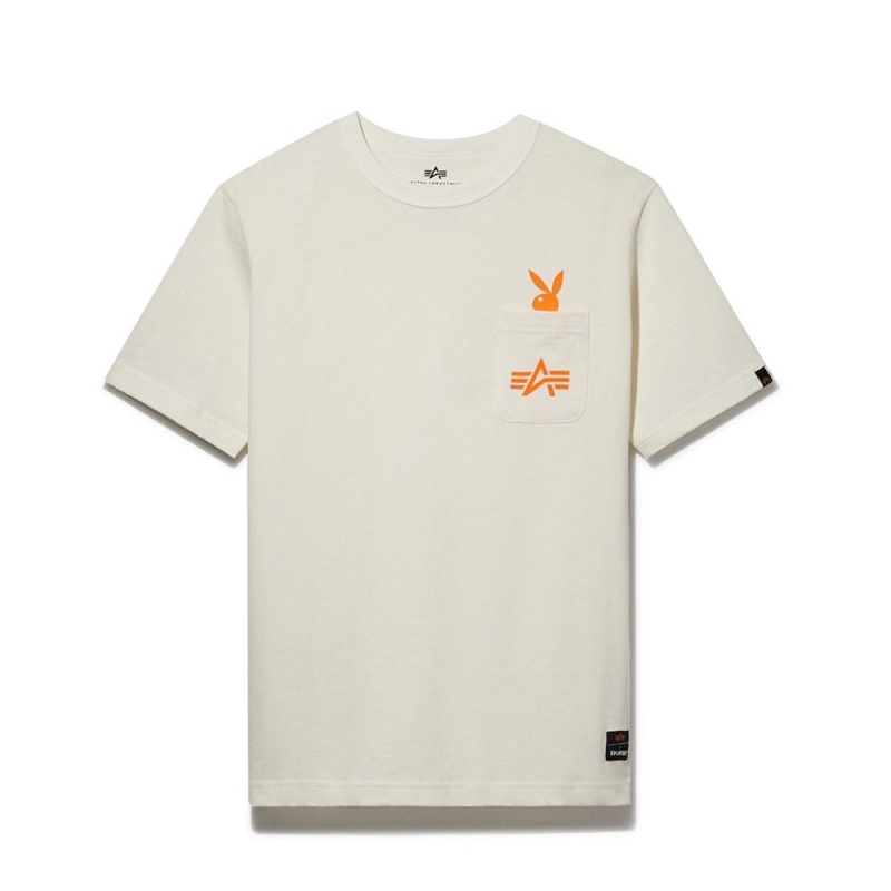 Playboy x Alpha Industries Play Forever Pocket T-shirt Heren Wit | PLBY-593217