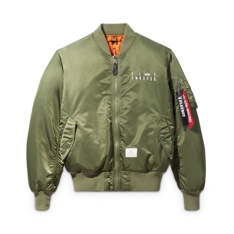 Playboy x Alpha Industries Reversible MA-1 Flight Jassen Heren Olijfgroen | PLBY-593076